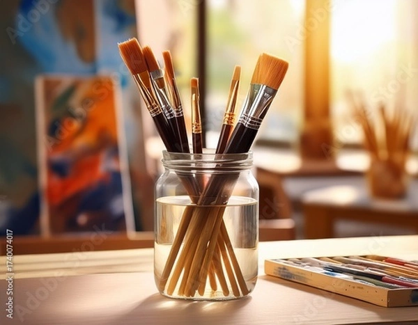 Fototapeta paint brushes in water jar on art table