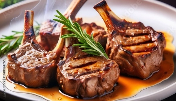 Fototapeta close up grilled lamb chops with rosemary sprig and sizzling juice
