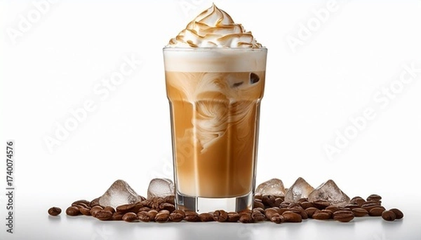 Fototapeta a tall glass filled with iced coffee latte featuring creamy swirls and ice cubes isolated on a white background