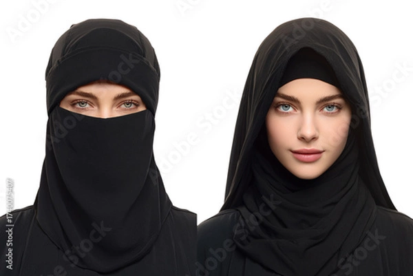 Fototapeta Side-by-Side Portrait of Muslim Woman Wearing Black Hijab with Face Covered and Uncovered, Transparent Background