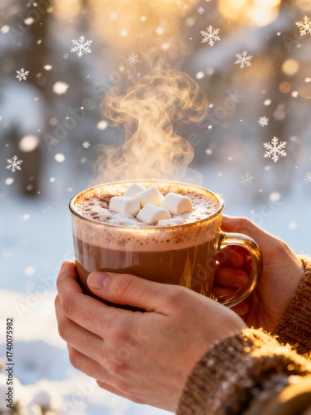 Fototapeta A person holds a steaming mug of hot chocolate topped with marshmallows. Snowflakes gently fall in the background. Copy space