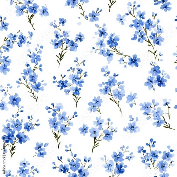 Fototapeta Seamless floral pattern featuring delicate blue wildflowers with green stems on a white background in a watercolor style.