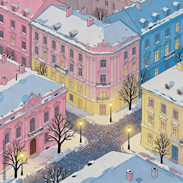 Fototapeta Snow-covered winter scene in a colorful European neighborhood with trees and street lamps during twilight