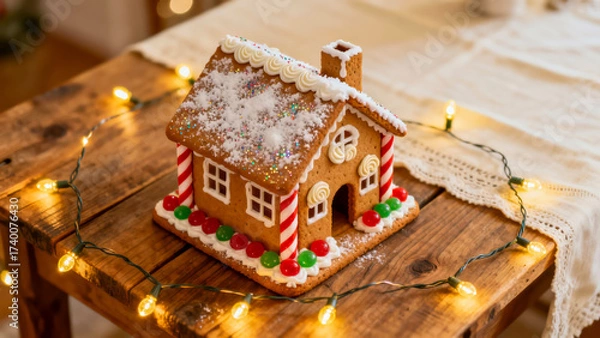 Fototapeta Gingerbread house decorated with colorful candy sits on a wooden table surrounded by warm lights during the festive season
