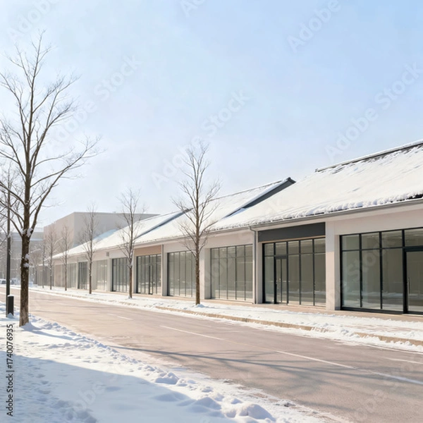 Fototapeta Snow-covered street with modern buildings and bare trees in winter sunlight on a clear day in an urban area