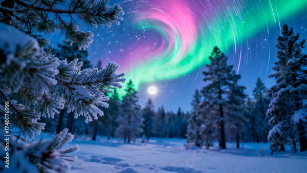 Fototapeta Stunning northern lights swirl over a snowy forest under a moonlit sky in winter