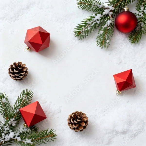 Fototapeta Decorative red geometric ornaments and pine cones arranged on a snowy surface with evergreen branches during winter season. Copy space