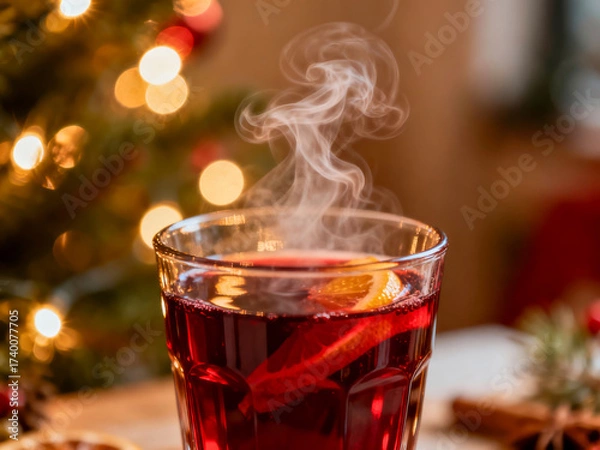 Fototapeta A glass of warm spiced drink with orange slices sits on a table, emitting steam. The backdrop features soft holiday lights and decoration. Copy space