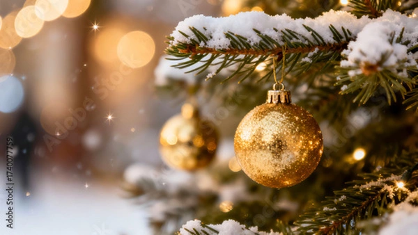 Fototapeta Golden ornaments hang on a snow-covered Christmas tree with blurred lights in the background. Copy space