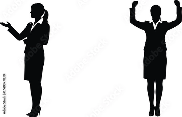 Fototapeta Silhouette of businesswoman in professional suit showing presentation gesture and celebrating success with raised arms isolated on white background