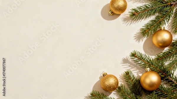 Fototapeta Decorative pine branches and golden ornaments create a festive scene for holiday celebrations and Christmas decorations.Copy space