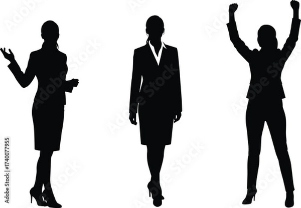 Fototapeta Silhouette of confident businesswomen in formal office attire walking, presenting gestures, and celebrating success with raised hands isolated vector illustration