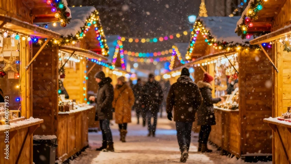 Fototapeta Festive winter market with snow and lights attracting visitors in a cozy evening setting