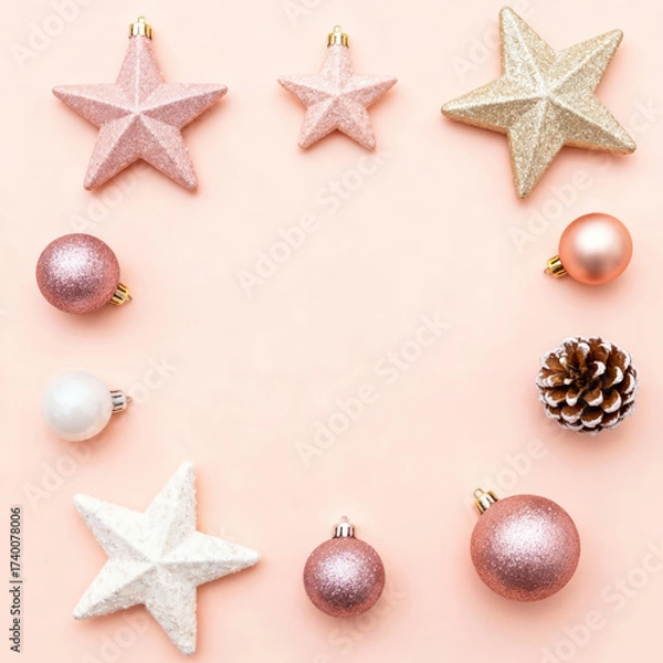 Fototapeta Colorful stars and shiny balls create a festive circle on a soft pastel surface. The arrangement includes pinks, golds, and white. Copy space in the middle