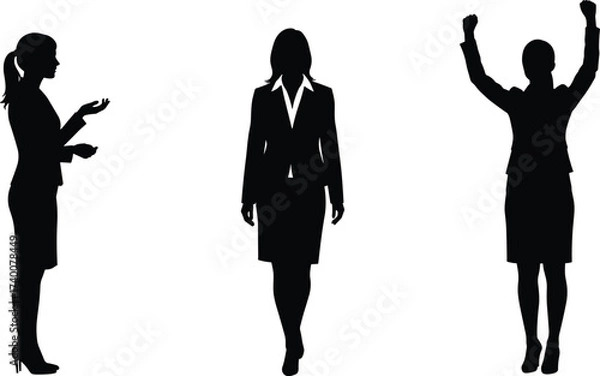 Fototapeta Silhouette of professional businesswomen in formal suits walking, presenting gestures, and celebrating success with raised arms isolated on white background