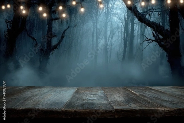 Fototapeta Enchanted Forest Under Glowing String Lights at Night