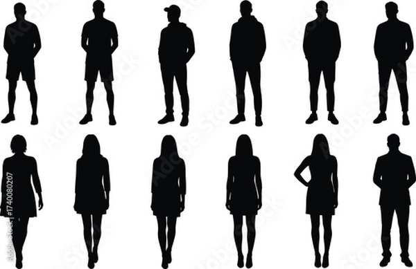 Fototapeta Silhouettes of men and women standing in casual and formal clothing representing lifestyle, diversity, fashion, individuality, society, community, and identity illustration