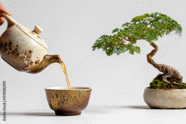Obraz Elegant Japanese tea composition, ornate teacup and teapot with bonsai tree, commercial studio photography emphasizing cultural tradition, clean background, and modern minimalism.