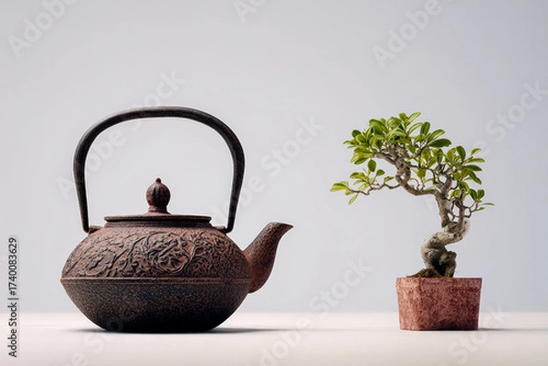 Obraz Commercial product photography of Japanese tea culture, ornate teapot and cup with bonsai tree, minimalistic composition, soft lighting, sharp textures, modern refinement.
