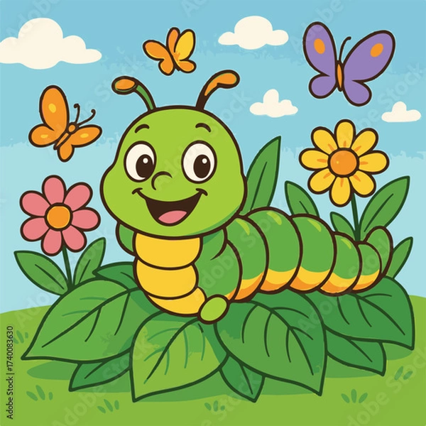 Fototapeta cute cartoon vector image of a caterpillar on a leaf