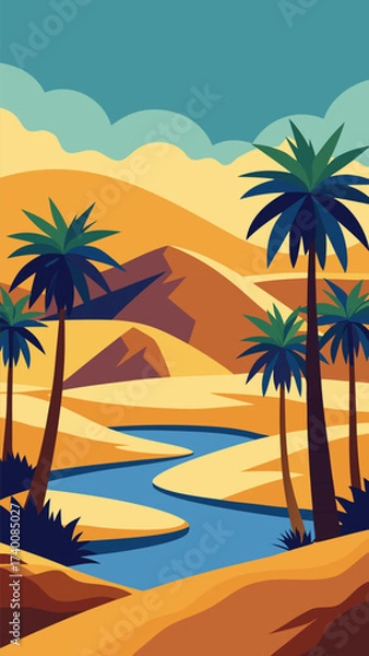 Obraz Vector illustration of a desert oasis with palm trees and winding river vector