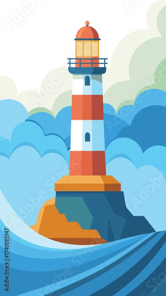 Obraz Iconic lighthouse stands tall on cliff amidst crashing waves vector illustration vector