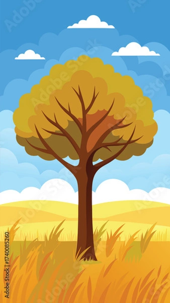 Obraz Solitary oak tree in golden wheat field under blue sky and clouds vector illustration vector