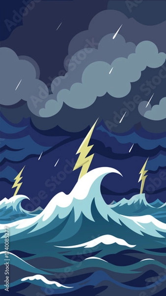 Obraz Dramatic ocean storm with lightning strikes and crashing waves vector illustration vector