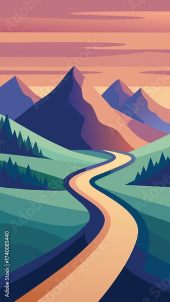 Obraz Winding road through misty mountain range at sunset vector illustration vector