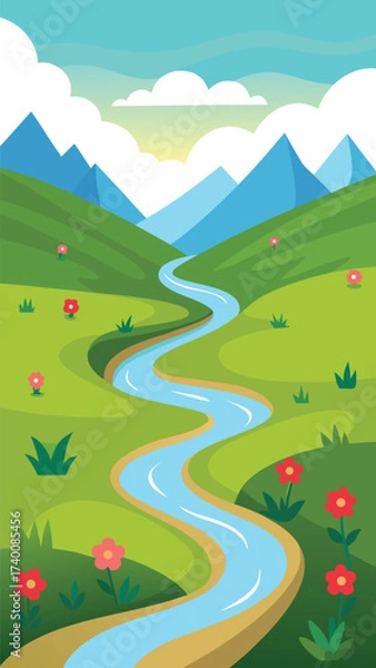 Obraz Winding creek through vibrant flower meadow with mountain backdrop vector illustration vector
