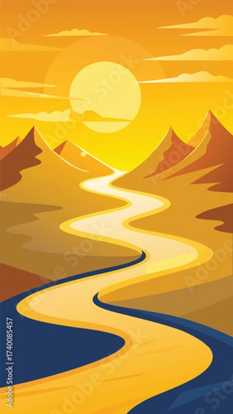 Obraz Golden sunlit winding river flows through majestic mountain landscape vector illustration vector