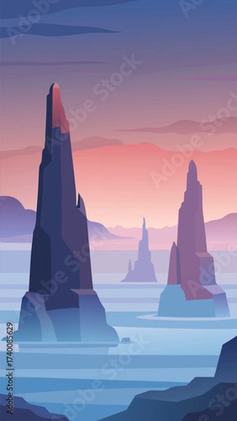 Obraz Misty sea stacks towering at dawn in serene coastal landscape vector art vector