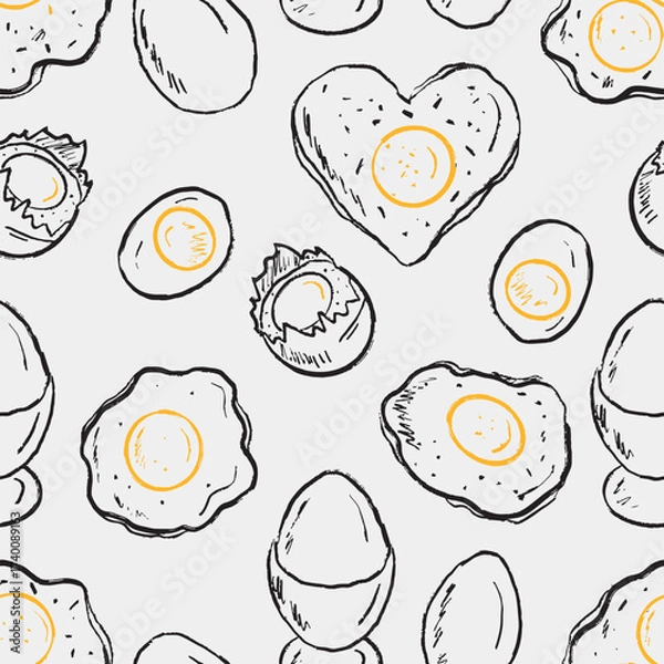 Fototapeta Hand drawn egg seamless pattern. Seamless design of fried, boiled, cracked, and heart-shaped eggs. Packaging print. Vector sketch illustration in crayon style with black and yellow accents