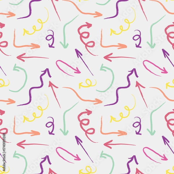 Fototapeta Hand drawn playful arrow seamless pattern. Vector sketch illustration in playful crayon style. Colorful arrows and squiggly lines in red, orange, yellow, green, pink, purple for decorative design.