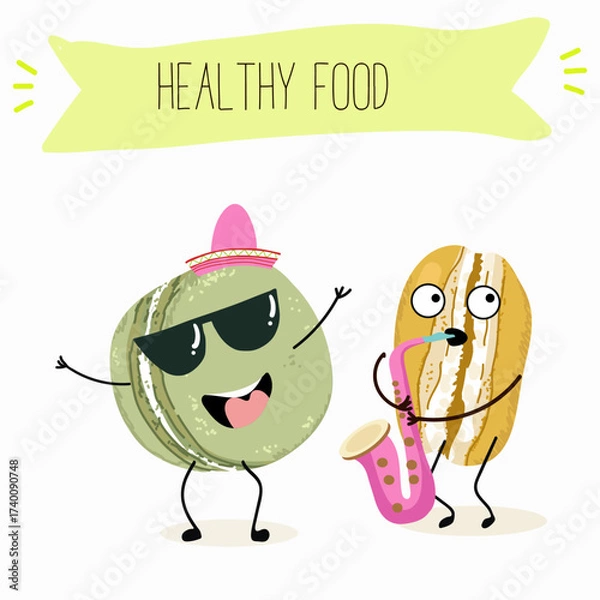Obraz  Macarons funny characters, hand drawn vector illustration.