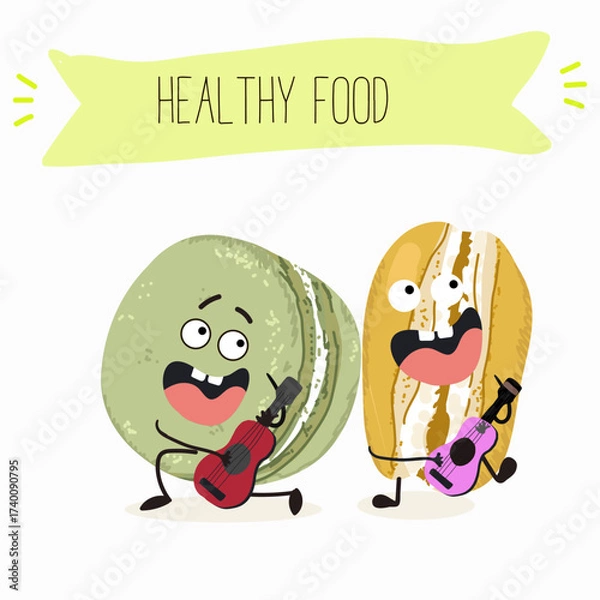 Obraz  Macarons funny characters, hand drawn vector illustration.