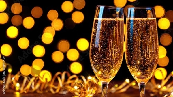 Fototapeta Two Champagne Flutes with Golden Bubbles and Yellow Bokeh Lights