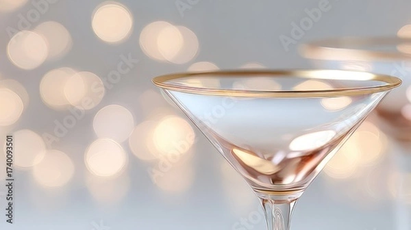 Fototapeta Empty Elegant Martini Glass with Gold Rim and Soft Bokeh Background