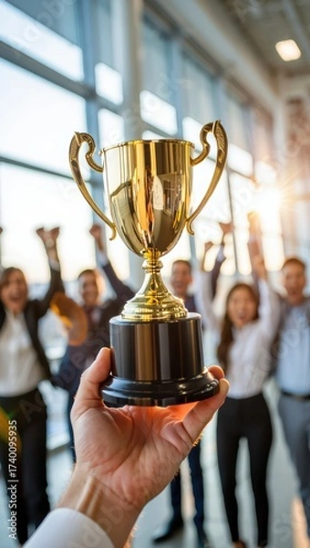 Fototapeta Hand holding golden trophy in front of cheering business team celebrating success and achievement in office.