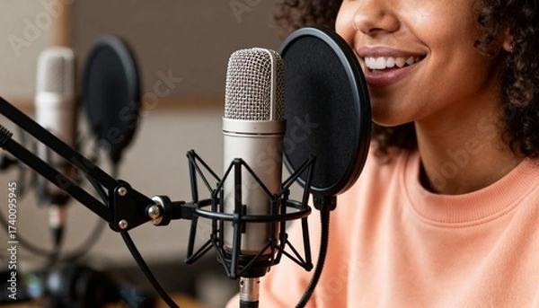 Fototapeta Young woman recording music in professional studio with microphone and pop filter, podcast, voice-over recording, radio hosting, or music creation.