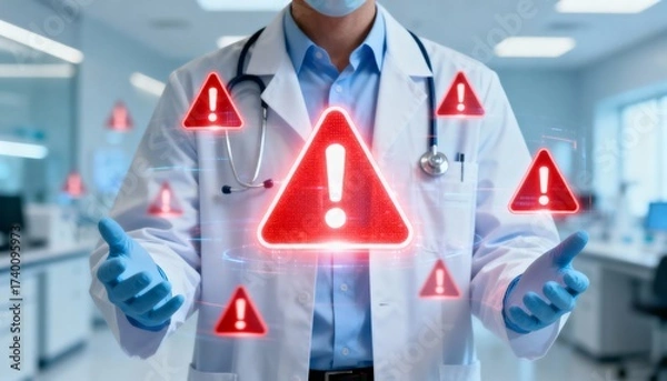 Fototapeta Doctor with digital warning icons standing in a modern laboratory or hospital environment highlighting medical risks and emergencies.