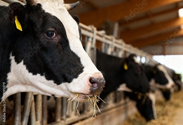 Fototapeta Close up of Holstein cow eating hay inside modern dairy farm stable in livestock environment.