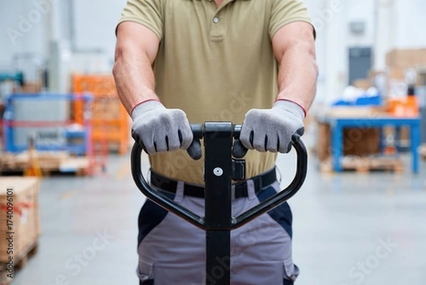 Fototapeta Warehouse worker wearing gloves operating pallet jack for manual handling and transportation of goods.