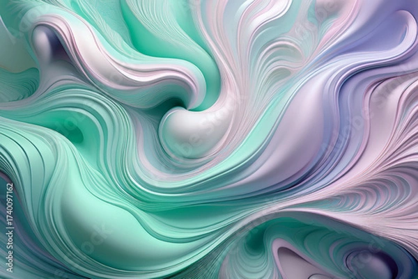 Fototapeta Abstract 3D fluid liquid swirl background in elegant pastel purple and teal colors, modern mint green lavender wave pattern