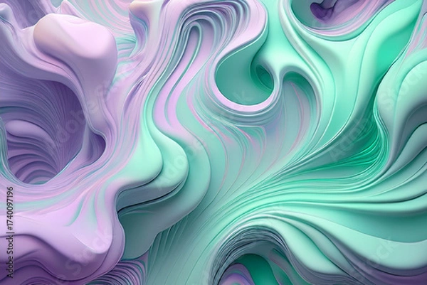 Fototapeta Abstract 3D fluid liquid swirl background in elegant pastel purple and teal colors, modern mint green lavender wave pattern