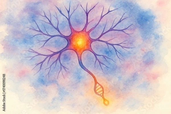 Fototapeta Watercolor illustration of a glowing neuron with branching dendrites and DNA helix in the axon, symbolizing science and creativity, generative ai illustration.