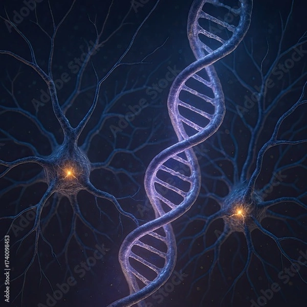 Fototapeta Watercolor illustration of a DNA double helix between two glowing neurons on a colorful background, symbolizing science and creativity, generative ai illustration.