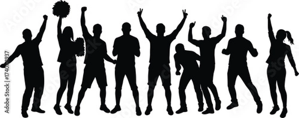 Fototapeta Silhouette Crowd Cheering With Hands Raised In Celebration crowd, silhouette, cheering, illustration, boys, sports, design, celebration, people, background, joy, concert, arms, crowd, unity, silhouett