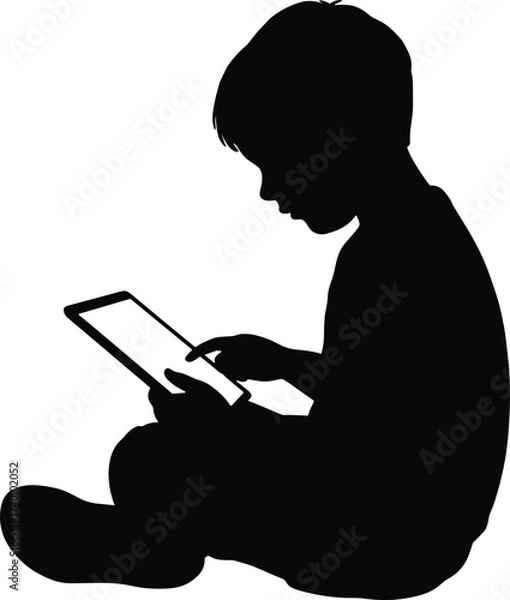 Fototapeta Silhouette of a boy using a tablet child person, silhouette, boy, child, kid, person, young, male, using, tablet, device, technology, learning, playing, studying, education, entertainment, screen, dis