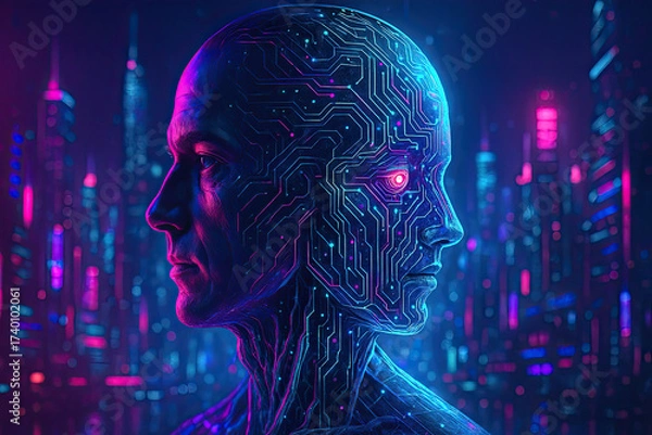 Fototapeta Futuristic portrait of a human and a cybernetic head merged together, glowing circuit patterns, neon lights, sci fi city background, generative ai illustration.